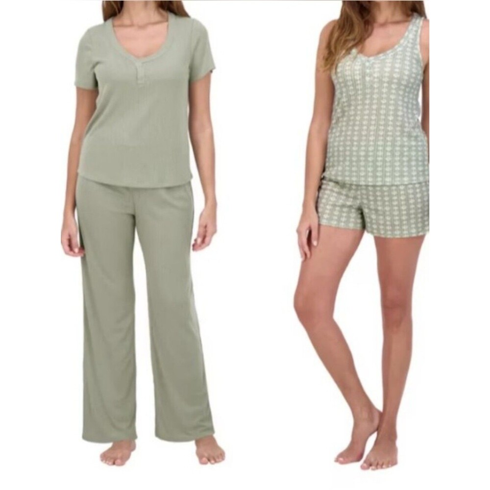 New Green Ribbed Pointelle 4-Piece Lounge Pajama Set Size Large